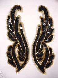 0033 Black Sequin Gold Beaded Mirror Pair Appliques 6.25"