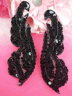 0033 Black Sequin Beaded Mirror Pair Appliques 6.25"