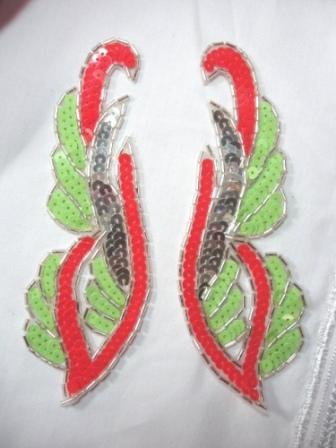0033 Lime Orange Mirror Pair Sequin Beaded Appliques 6.25"-lime,green,orange,sequin,beaded,beads,sequins,motif,applique,mirror,pair,left,right,victorian,trimmings,patch