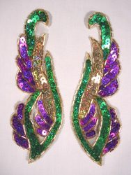 0033 Purple Green Gold Pair Sequin Beaded Appliques 6"