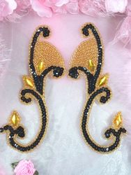 0034 Black & Gold Jeweled Mirror Pair Sequin Beaded Appliques 6"-black,gold,sequin,beaded,applique,beads,patch,embellishment,trimmings,