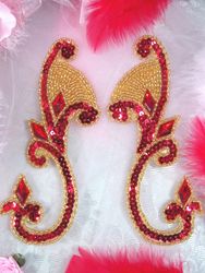 0034  Red & Gold Beaded Sequin Appliques Mirror Pair-applique,sequin,red,gold,bead,beaded,pair,floral,flower