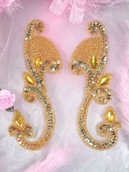 0034 Gold Jeweled Mirror Pair Sequin Beaded Appliques 6"-gold,sequin,beaded,applique,beads,patch,embellishment,trimmings,