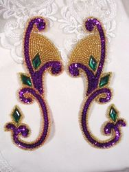 0034 Purple Green Jeweled Mirror Pair Sequin Beaded Appliques 6"