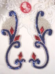 0034 Patriotic Jeweled Mirror Pair Sequin Beaded Appliques 6"-patriotic,red,silver,blue,sequin,beaded,applique,beads,patch,embellishment,trimmings,