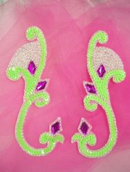 0034 Lime Green Jeweled Mirror Pair Sequin Beaded Appliques 6"-lime,green,sequin,beaded,applique,beads,patch,embellishment,trimmings,