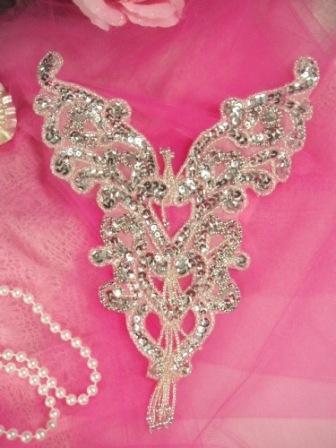 0035 Silver Heart Bodice Yoke Sequin Beaded Applique 8"-heart,sequin,beaded,applique,beads,sequins,bodice,yoke
