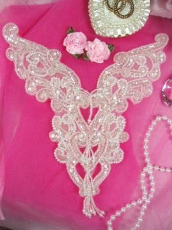 0035 Crystal Heart Bodice Yoke Sequin Beaded Applique 8"-crystal,heart,sequin,beaded,applique,beads,sequins,bodice,yoke