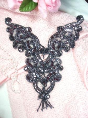 0035 Gunmetal Heart Bodice Yoke Sequin Beaded Applique 8"-heart,sequin,beaded,applique,beads,sequins,bodice,yoke