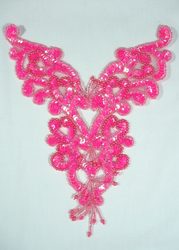 0035 Neon Hot Pink Heart Bodice Yoke 8" Sequin Beaded Applique