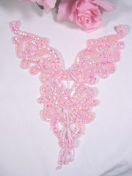0035 Pink Crystal AB Heart Bodice Yoke 8" Sequin Beaded Applique