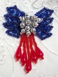 0036  Patriotic Bow Sequin Beaded Applique 2.5"-patriotic,sequin,beaded,bow,applique,patch,motif,
