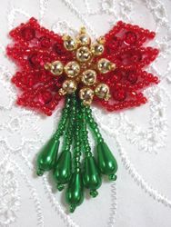 0036  Red Green Bow Sequin Beaded Applique 2.5"-red,green,gold,sequin,beaded,bow,applique,patch,motif,