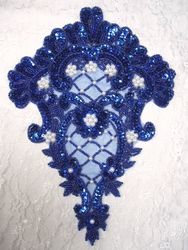 0042  Royal Blue Victorian Elegance Sequin Beaded Applique 10"