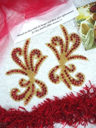 0042A Red/Gold Rhinestone Mirror Pair Beaded Appliques-red,gold,rhinestone,mirror,pair,applique,appliques,bead,beaded