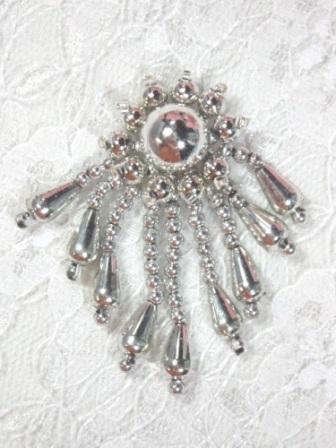 0043  Silver Dangle Beaded Applique 2"-silver,dangle,sequin,beaded,applique,sequined,beads,sequins,appliques,white,dangle
