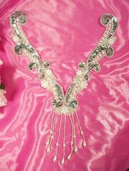0049B Silver Pearl Collar Yoke Beaded Sequin  Appliques 11"- silver,pearl,collar,yoke,sequin,beaded,applique,flames,fire,motif,embellishment,trimmings,beads,sequins,fire