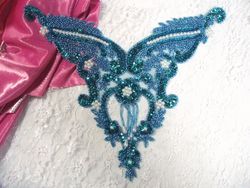 0055 Turquoise Pearl Bodice Beaded Sequin Applique 11"