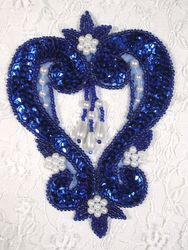 0063 Blue & Pearl Heart  Sequin Beaded Applique  4.75"