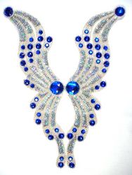 0086 Silver & Blue Bodice Sequin Beaded Applique 13"-silver,jewel,bodice,yoke,sequin,beads,applique,patch,trimmings,beaded,victorian,motif,embellishment