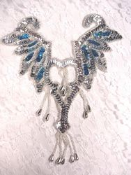 0108 Turquoise & Silver Yoke Beaded Sequin Applique 8.5"-turquoise,yoke,motif,sequin,beaded,applique,sequined,beads,sequins,appliques,bodice,black,