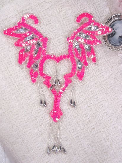 0108 Hot Pink & Silver Yoke Bodice Sequin Beaded Applique 8.5"