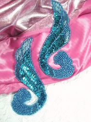 0123  Turquoise Mirror Pair Sequin Beaded Appliques 4.25"-turquoise,sequin,beaded,applique,trimmings,embellishment,gold,mirror,pair