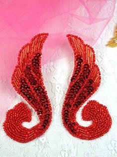 0123 Red Swirl Mirror Pair Sequin Beaded Appliques
