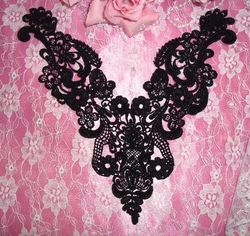 F13  Black Yoke Collar Venise Lace Applique 10"-yoke,black,lace,collar,floral,embellishment,venise,venice,lace,victorian,sewing,applique,motif
