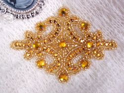 0153 Gold Jewel Beaded Applique 4"-gold,jewel,rhinestone,beaded,applique,embellishment,motif