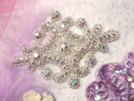0153  Genuine Rhinestone Crystal AB Silver Beaded  Applique 4"-silver,rhinestone,beaded,applique,embellishment,motif