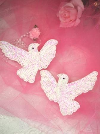 0165 White Dove Mirror Pair Sequin Beaded Appliques