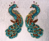 0167  Turquoise Peacock Mirror Pair Sequin Beaded Appliques-turquoise,sequin,beaded,applique,embellishment,peacock