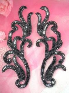 0170 Gunmetal Mirror Pair Beaded Sequin Appliques 9"