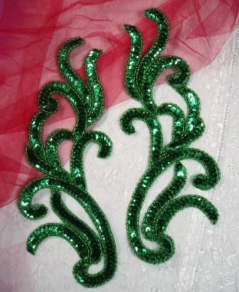 0170 Kelly Green Mirror Pair Sequin Beaded Appliques 9"-kelly,green,sequin,beaded,appliques,embellishment,mirror,pair