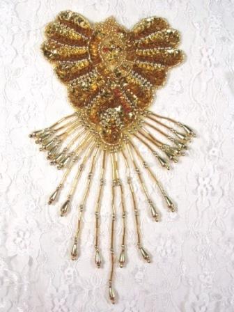 0178  Gold Epaulet Sequin Beaded Applique 8"-sequin,beaded,applique,trimmings,embellishment,epaulet,gold