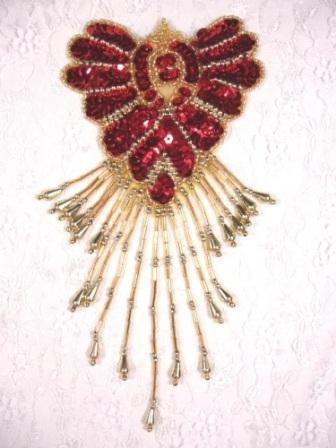 0178  Red Gold Epaulet Sequin Beaded Applique 8"-sequin,beaded,applique,trimmings,embellishment,epaulet,red