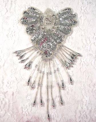 0178  Silver Epaulet Sequin Beaded Applique 8"-sequin,beaded,applique,trimmings,embellishment,epaulet,silver