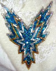 0179 Turquoise Gold Bodice Beaded Sequin Applique 11"-turquoise,gold,silver,bodice,yoke,sequin,beads,applique,patch,trimmings,beaded,victorian,motif,embellishment