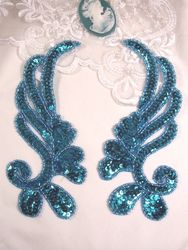 0182 Turquoise Mirror Pair Sequin Beaded Appliques 6"