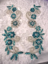 0183 Turquoise & Silver Mirror Pair Sequin Beaded Appliques