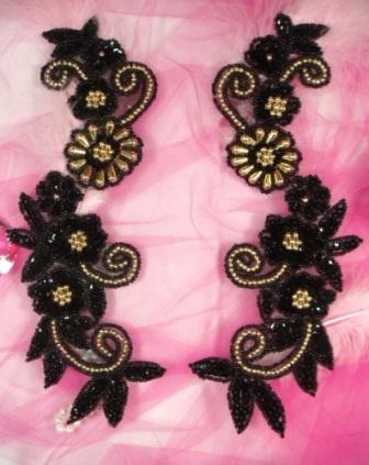 0183  Black Gold Mirror Pair Sequin Beaded Appliques