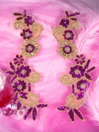 0183  Fuchsia Gold Mirror Pair Sequin Beaded Appliques