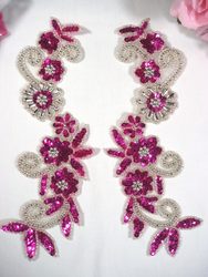 Fuchsia & Silver Mirror Pair Sequin Beaded Appliques 0183