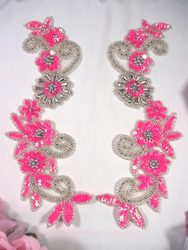 Neon Hot Pink & Silver  Mirror Pair Sequin Beaded Appliques 0183