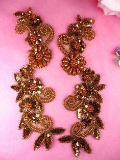0183  Bronze Mirror Pair Sequin Beaded Appliques 10"