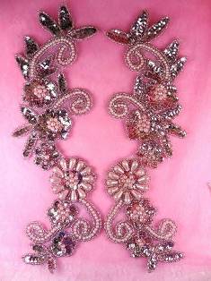 0183 REDUCED Mauve Mirror Pair Sequin Beaded Appliques 10"