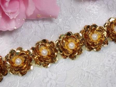0184 Gold Flowers Sequin Beaded Applique or Trim