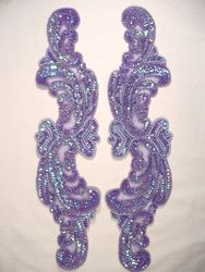 0193 Lavender AB  Mirror Pair Sequin Beaded Appliques 14.75"-lavender,sequin,beaded,applique,trimmings,embellishment,gold,mirror,pair