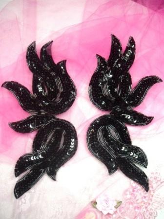 0202  Black Mirror Pair Sequin Beaded Appliques 9"-sequin,beaded,applique,trimmings,embellishment,black,mirror,pair